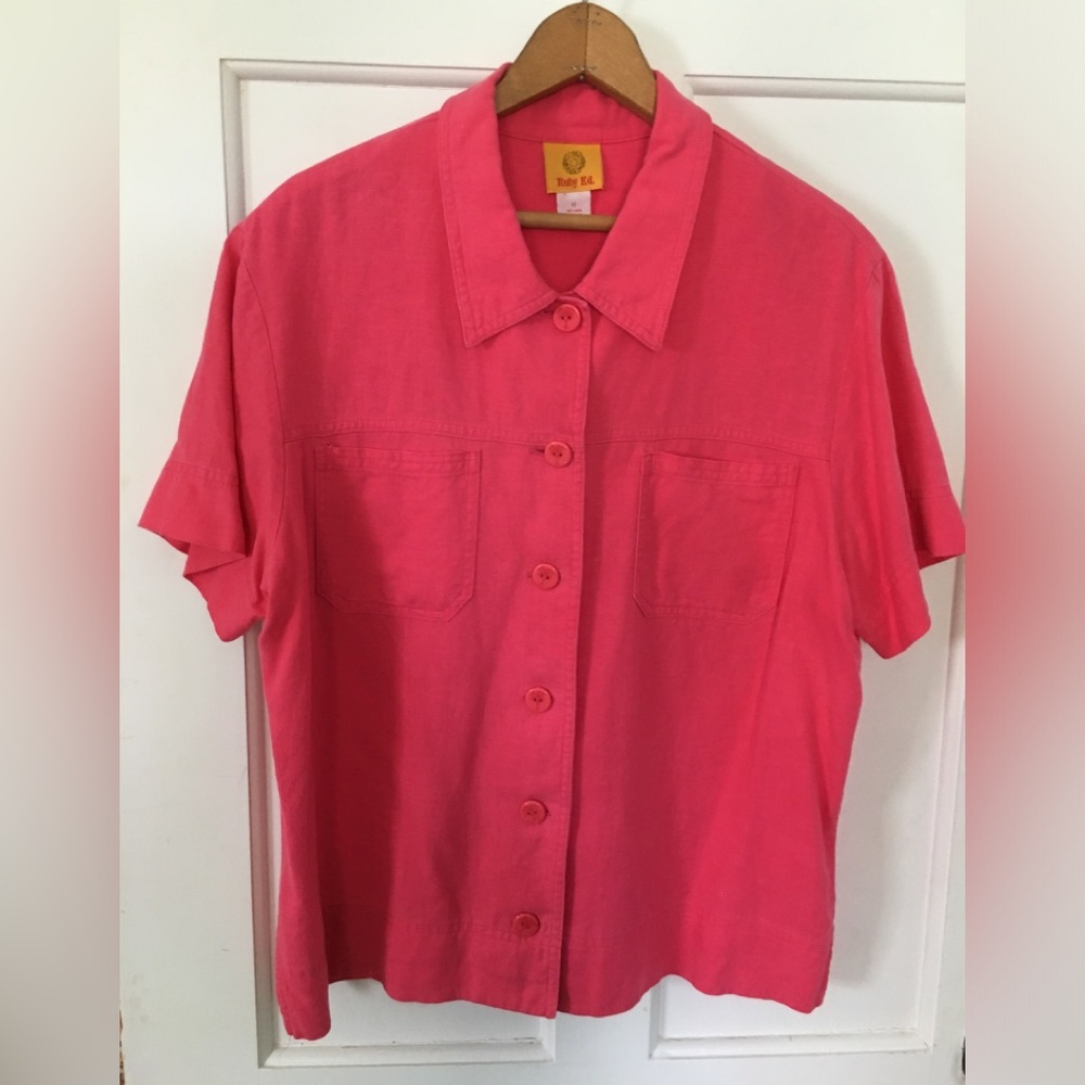 Short sleeve linen blend blouse